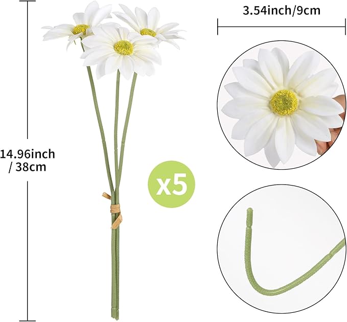 IPOPU 15pcs Daisies Artificial Flowers Faux White Daisies Flowers 12" Fake Wildflowers Flower Silk Flowers for Floral Arrangements Wedding Home Garden Decor (White)
