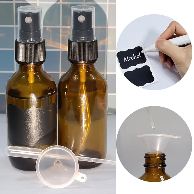 LUFEVRM 2oz Amber Glass Spray Bottles,Empty Small Perfume Travel Refillable Reusable Fine Mister Spray Bottle for Hair,Cleaning Solutions,Aromatherapy and Essential Oil with Extra Nozzle(2 Pack)