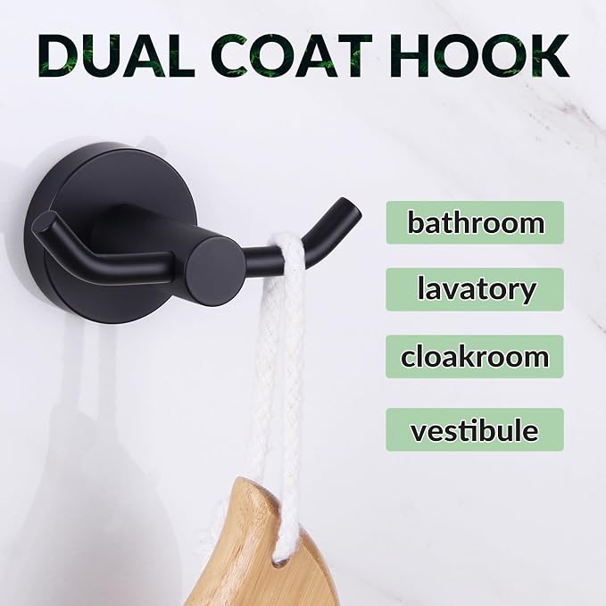 APLusee Double Bath Towel Hook, Premium Stainless Steel Coat Holder, Modern Bathroom Kitchen Storage Hanger Wall Mounted, Matte Black