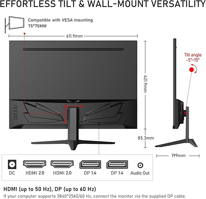 Gawfolk 28 Inch 4K Monitor IPS 60Hz, UHD (3840x2560p) PC Screen Built-in Speakers, Ultra HD Computer Dispaly for Home & Office, Support HDMI & DP, 3:2, 10Bit, 1.07 Billion Colours