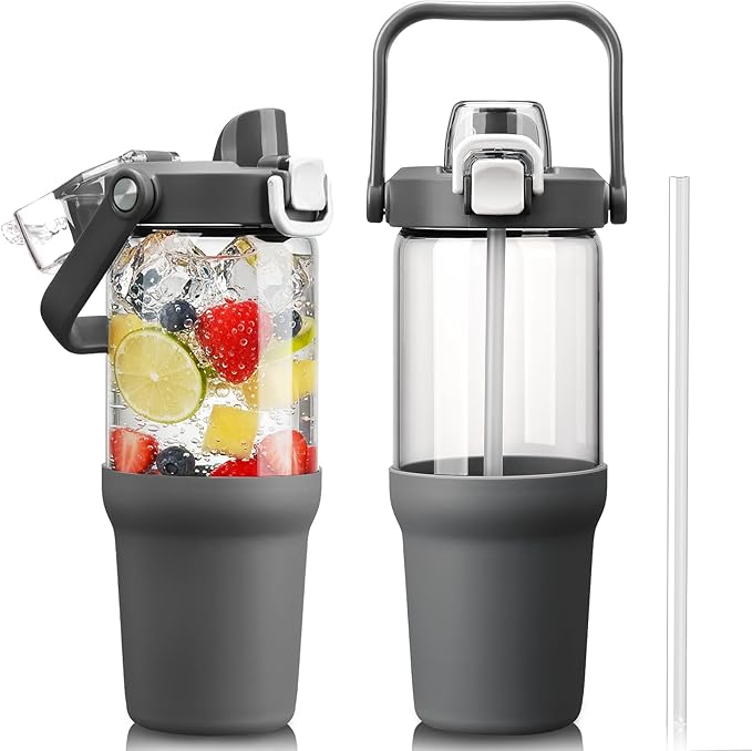 Glass Tumbler with Carry Handle, Clear Glass Water Bottle with Leakproof Lid, Spout Lid&Straw, BPA-Free, 32 oz, Grey