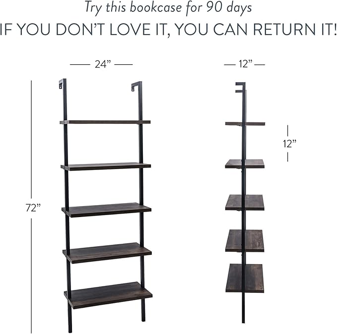 Nathan James Theo 5-Shelf Wood Modern Bookcase, Open Wall Mount Ladder Bookshelf with Industrial Metal Frame, Dark Walnut Brown/Black, Set of 3