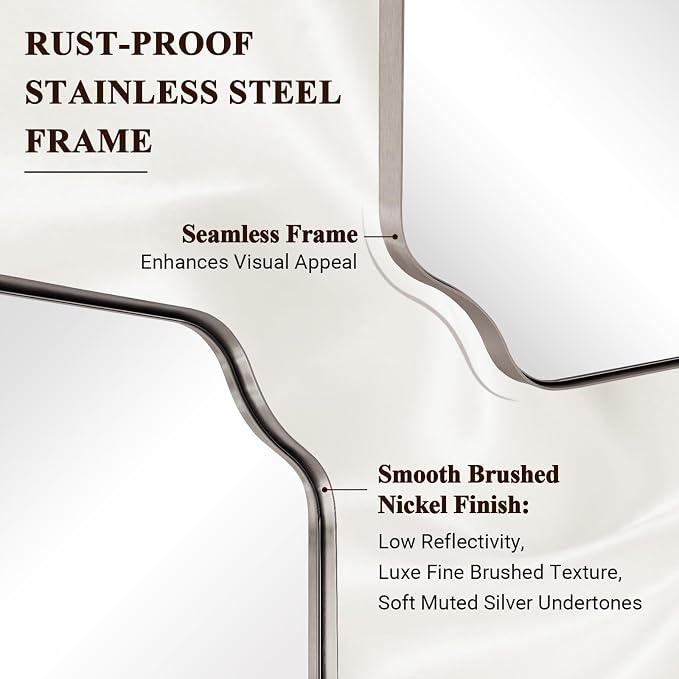 ANDY STAR 30x36 Inch Brushed Nickel Mirror, Silver Bathroom Mirror for Over Sink, Rounded Notched Corner Mirror in Anti-Rust Stainless Steel Metal Thin Frame, Wall Mount Vertically or Horizontally