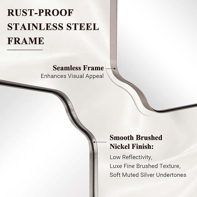 ANDY STAR 28x36 Inch Brushed Nickel Mirror, Silver Bathroom Mirror for Over Sink, Rounded Notched Corner Mirror in Anti-Rust Stainless Steel Thin Frame, Wall Mount Vertically or Horizontally