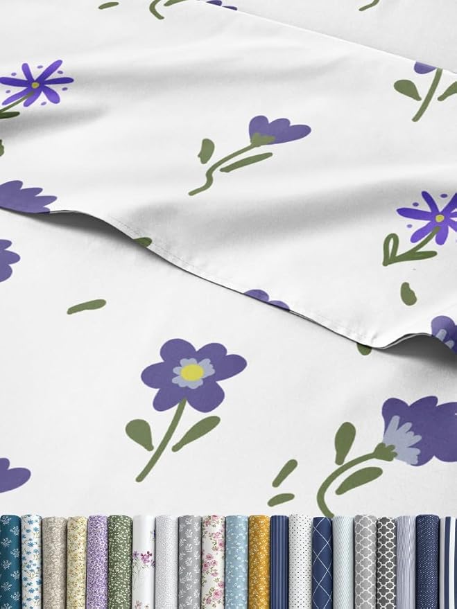 Floral Sheets - Purple Floral Bed Sheet Set - 1 Flat, 1 Fitted & 2 Pillowcases w/ Deep Pockets - Comfy, Wrinkle & Fade Free - Boho Botanical Bedding - Ultra-Soft, Breathable & Cooling - Queen Size Set