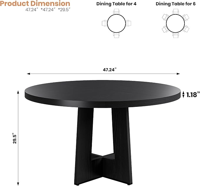 Garvee 47" Round Dining Table for 4-6 People - Circle Kitchen Dinner Table with Sturdy Pedestal Base, Space Saving Dinning Room Furniture for Living Room, Kitchen, Apartment, Black