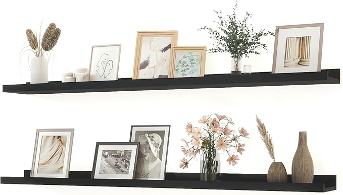 Long Floating Shelves for Wall Decor, Long Wall Mounted Storage Shelf for Bedroom, Living Room, Bathroom, Kitchen, Nursery, Display Picture Ledge Shelf with Lip Set of 2-48 Inches, Black