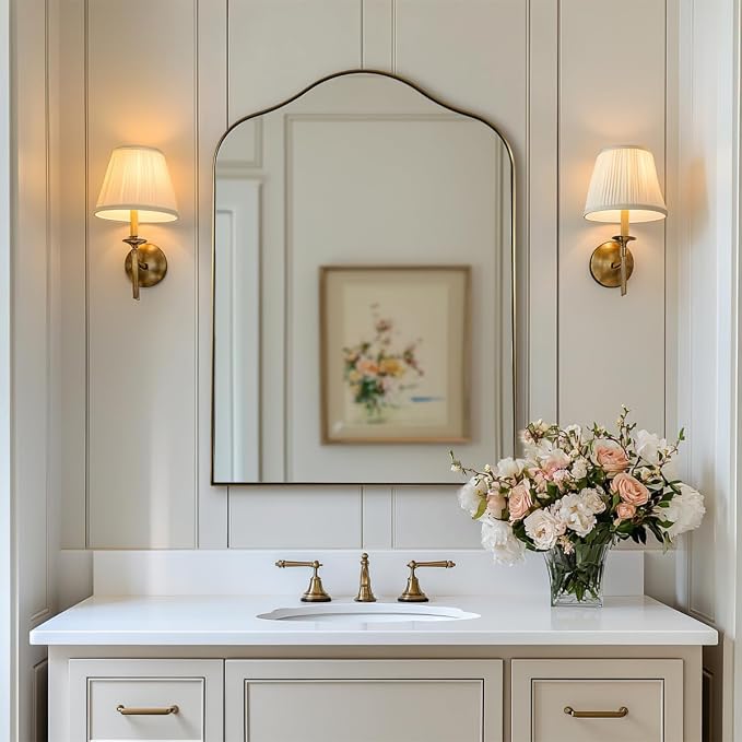 ANDY STAR Brass Scalloped Arched Wall Mirror, 22x30 Brushed Gold Irregular Bathroom Mirror with Curved Design for Vanity, Powder Room, Fireplace, Mantel, Stainless Steel Frame, Rustproof
