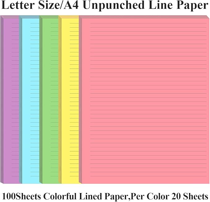 Unpunched Colorful Lined Paper - 100 Sheets/200 Pages Loose Leaf Paper Line Refills, Per Color 20 Sheets, 8.5" x 11"