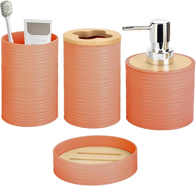 4 Pieces Bamboo Bathroom Accessories Set, Bathroom Accessory Set with Soap Dispenser and Toothbrush Holder, Soap Dish and Toothbrush Cup, Boho Bathroom Decor(Orange)