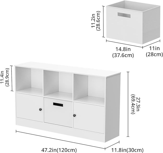 2-Tier Open Bookcase with 2 Doors, 6-Cube Wooden Bookshelf with Fabric Drawer, Floor Standing Display Cabinet Organizer, Kids Open Shelf Low Bookcase for Living Room, Bedroom, Office, White