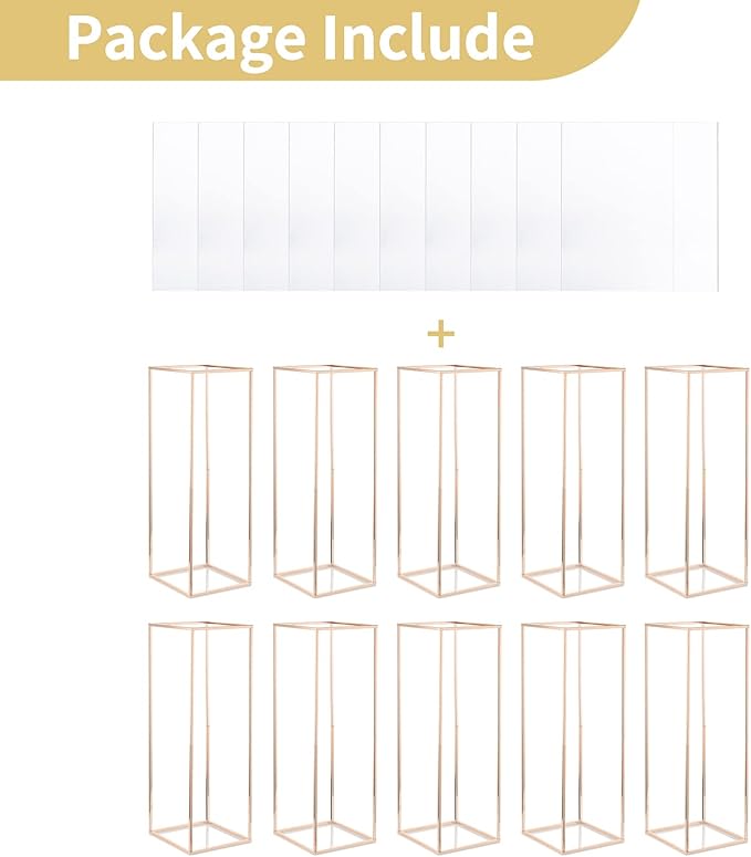 Nuptio Gold Vases for Centerpieces Wedding with Acrylic Panel - 10 Pcs 31.5 inch Tall Gold Vase Wedding Centerpieces for Tables - Geometric Centerpieces Table Flower Stand for Weddings Centerpieces
