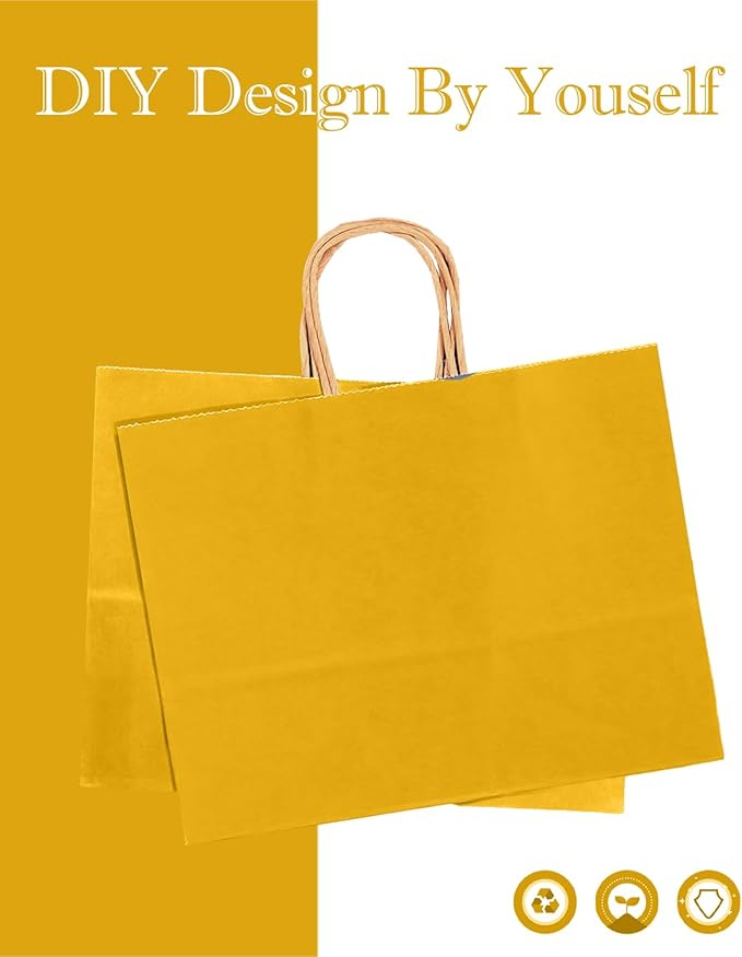 qiqee 13"x4.5"x10" Large Gift Bag with Handles Bulk 32PCS Gift Paper Bags Yellow Bags Multiple Uses (Wide Large)