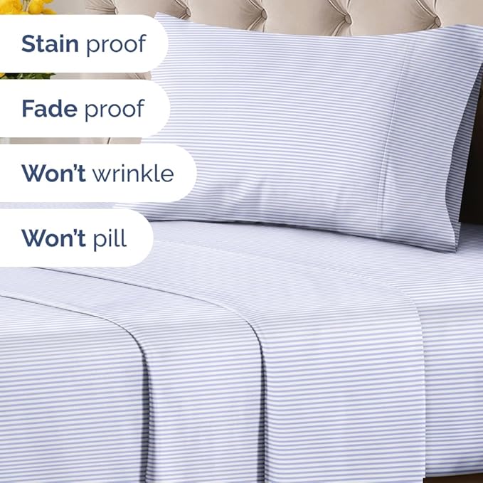 Light Blue and White Striped Sheets - 1 Flat & 1 Fitted Sheet & 1 Pillowcase w/ Deep Pockets - Wrinkle & Fade Resistant - Ultra-Soft, Breathable & Cooling - Luxury Pinstripe Bedding - Twin Size