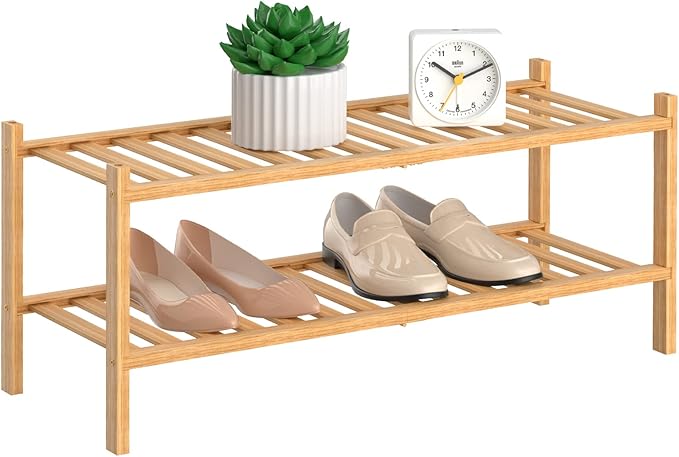 RONGJlA 2 Tier Bamboo Shoe Rack for Closet Free Standing Wood Shoe Shelf Storage Organizer for Entryway Small Space Stackable, Natural