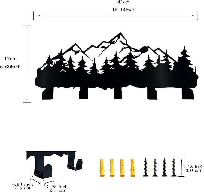 ZORISE Metal Mountain Coat Hooks and Key Holder, Mountain Design Wall Art Decor, Clothes Hat Rack, and Backpack Hanger, Storage Decor for Living Room, Hallway, Office, Kitchen, Entryway, and Bedroom