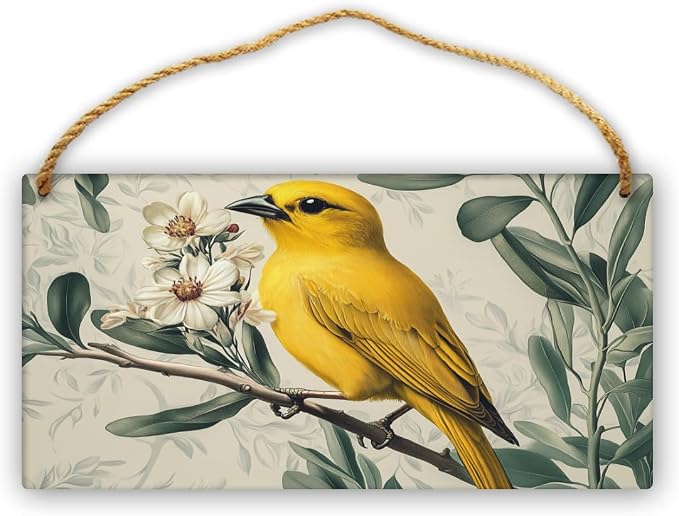 Vintage Yellow Bird & pinks Blossoms Wooden Wall Art, Retro Home Decors for Nature Collectors, 12x6 Inch Wood Sign for a Nostalgic Living Room Vibe