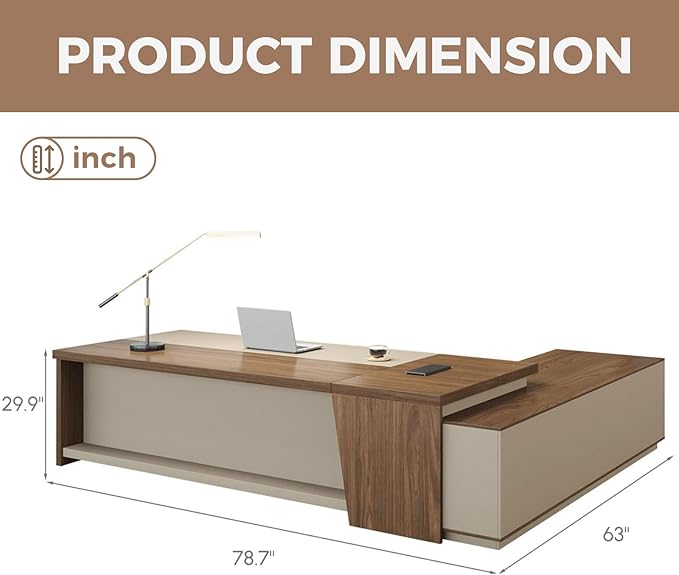 Modern L Shape Executive Desk with Drawers and Lockable Storage Cabinet, Large Executive Office Desk with Cable Management (Champagne Wood Grain+Beige/Left,79" L*63" W*30" H)