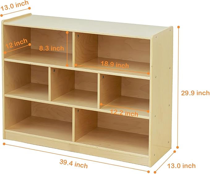 Wooden Kids Bookshelf and Toy Storage Organizer, 3-Tier Montessori Shelf, 7-Section Storage Cabinet, Birch Bookcase Book Shelf for Kids Room, Nursery, Classroom, Playroom - Natural