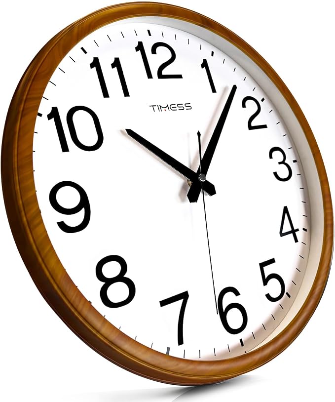 TIMESS Wall Clock, Classic Wood Style Finish, 13 Inch Non-Ticking Silent Battery Operated Analog Clock, Ideal Retro Decor for Home, Bedroom, Living Room, Kitchen, Bathroom, Office (Wood Yellow)