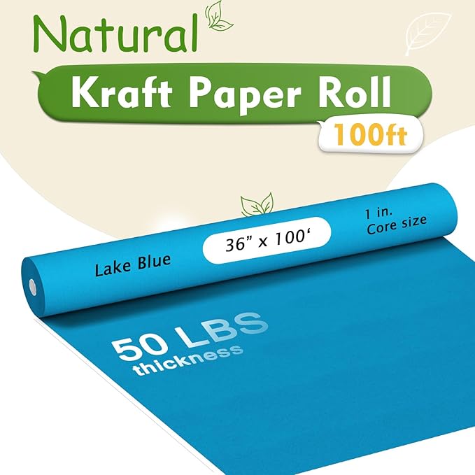 BAIJIALI 36" x 2,400" (200') Kraft Paper Roll for Craft Bulletin Board Paper Art Table Covering Crafting Gift Wrapping Bouquet Packing Parcel (Lake Blue, 36" x200')