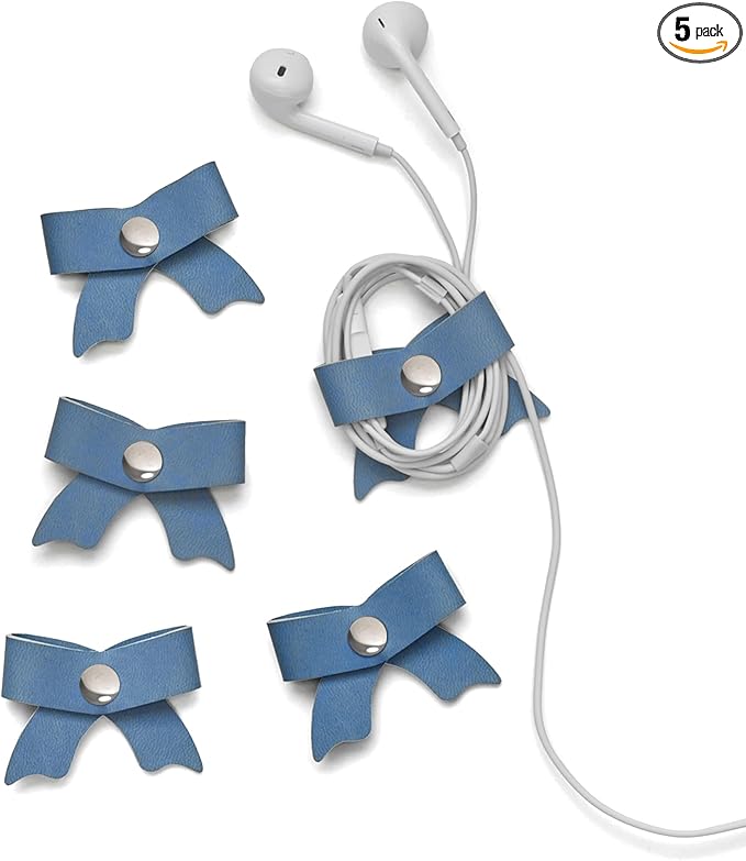 SenseAGE 5 Pack Cord Organizer, Bow Cord Keeper, Cable Organizer USB Holder, Leather Cable Management, Cable Straps, Earphone Winder, Storage Straps for Electronics, Earbuds, Small, Random Blue