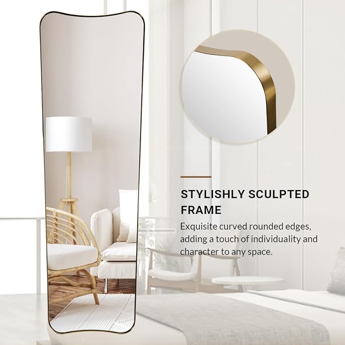 ANDY STAR Full Length Mirror 21" x 64", Gold Decorative Full Body Mirror with Stainless Steel Thin Frame, Italian Curved Edge Design, Wall Mount or Leaning for Bedroom, Cloakroom, Living Room