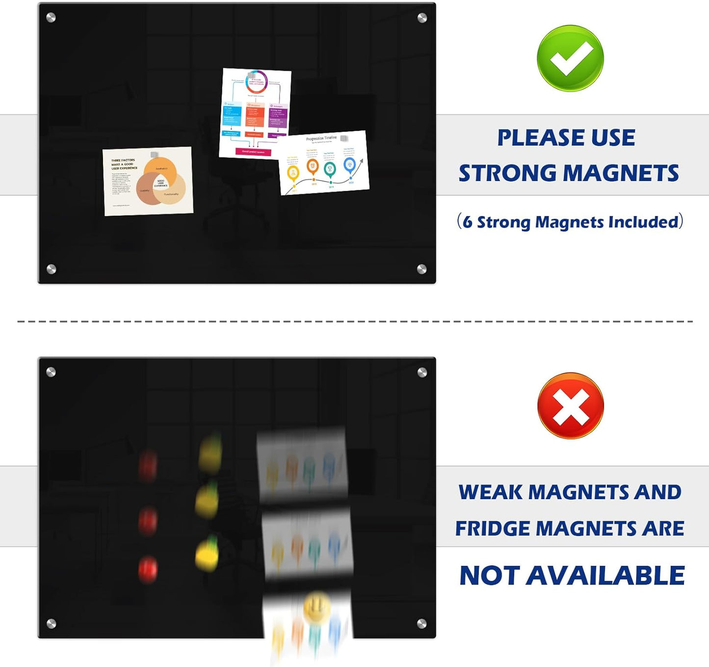 WALGLASS Magnetic Black Dry Erase Board - Frameless 24"x18" Glass Whiteboard with 6 Magnets & Pen Tray