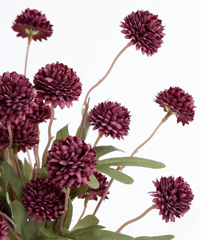 Laelfe 5Pcs Burgundy Flowers Artificial Pompon Mum, Fake Kiku Flowers Silk Small Mini Chrysanthemum Ball Faux Mum Decor for Autumn Filler DIY Bouquet Centerpieces Arrangements Shower(Burgundy)
