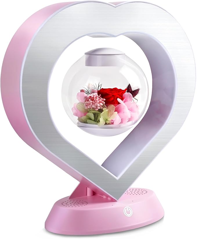 LoveLin Heart Preserved Rose Flowers with Bluetooth Speakers, 5W Pink Magnetic Levitation Table Lamp with Variable Color LED Light, Unique Forever Flower Gift for Women, Girls, Mother and Grandma