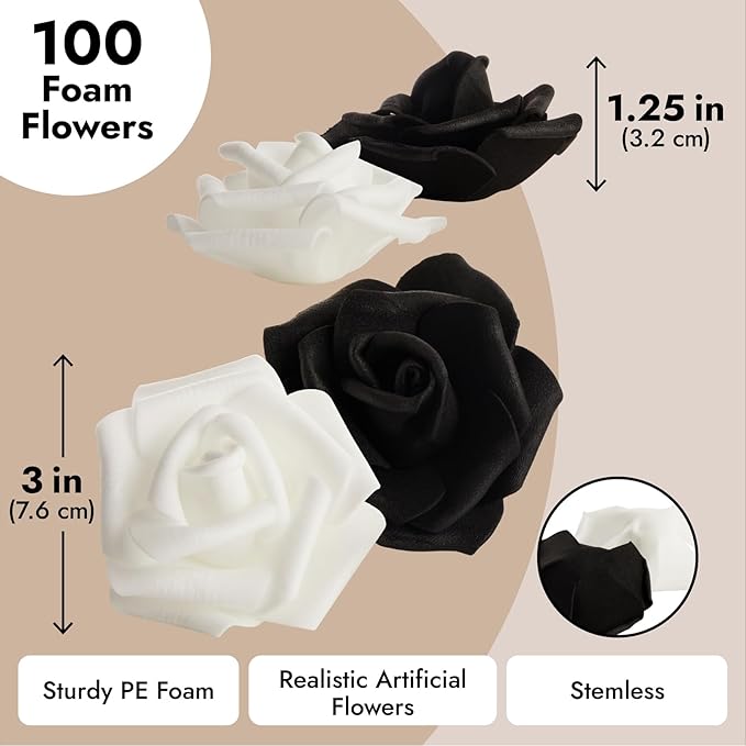 Bright Creations Black & White Roses Stemless Foam Rose Heads - 100 Pack, 3 in Polyethylene Craft Foam - Faux Flowers for DIY Arrangements & Wedding Flowers