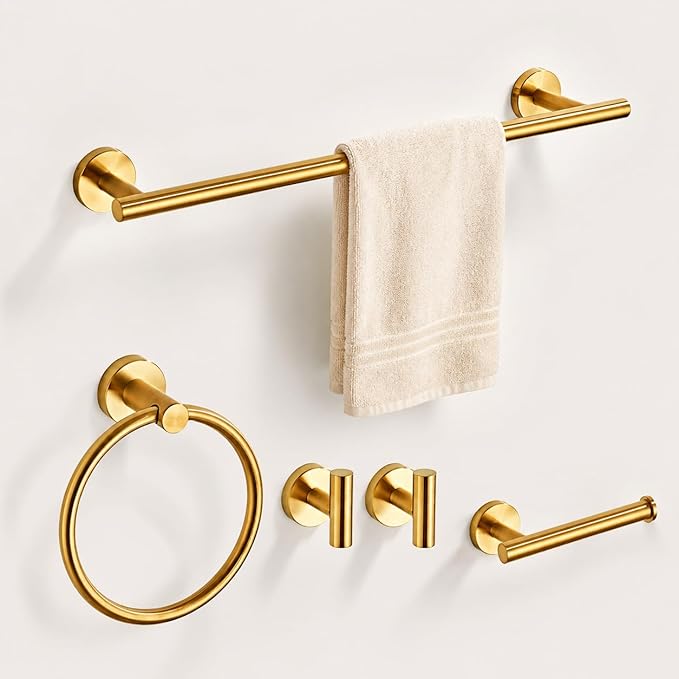 Brushed Gold Bathroom Hardware Set 5 Piece with Towel Racks for Bathroom, SUS304 Stainless Steel Bath Towel Bar Set, 24 Inch Wall Mounted Accessories Kit…