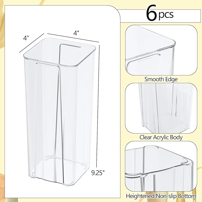 6 Pack 9.25 Inch Tall Flowers Vase, Clear Acrylic Bud Vase for Wedding Decorations, Home Decor, Housewarming Gift