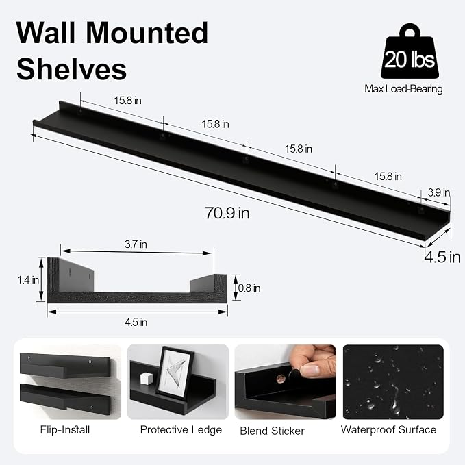 Long Floating Shelves for Wall Decor, Long Wall Mounted Storage Shelf for Bedroom, Living Room, Bathroom, Kitchen, Nursery, Display Picture Ledge Shelf with Lip Set of 2-71 Inches, Black
