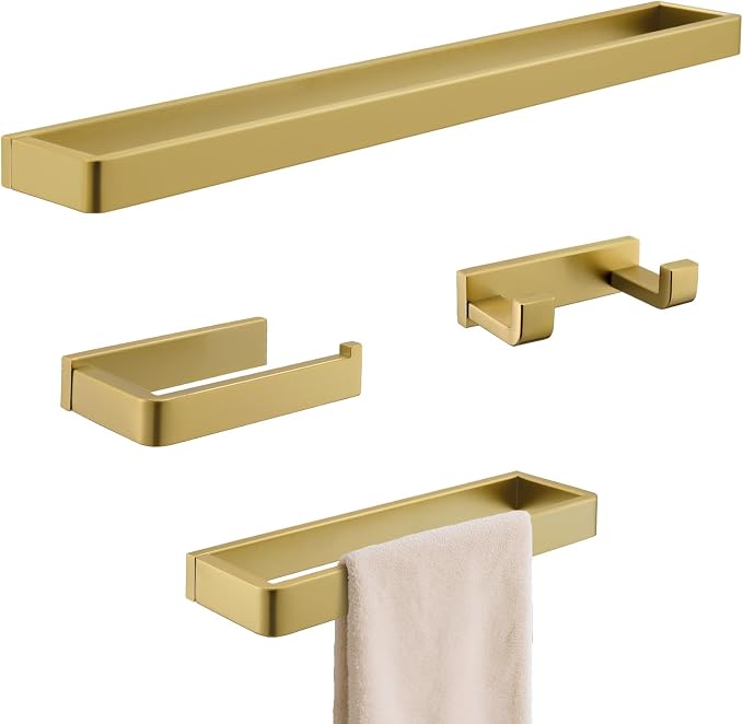 Bathroom Hardware Accessories Set Brushed Gold Towel Bar Set Square Bathroom Accessories Kit 4-Piece Towel Holder Set Stainless Steel Wall Mounted,23.6 Inch Towel Bar