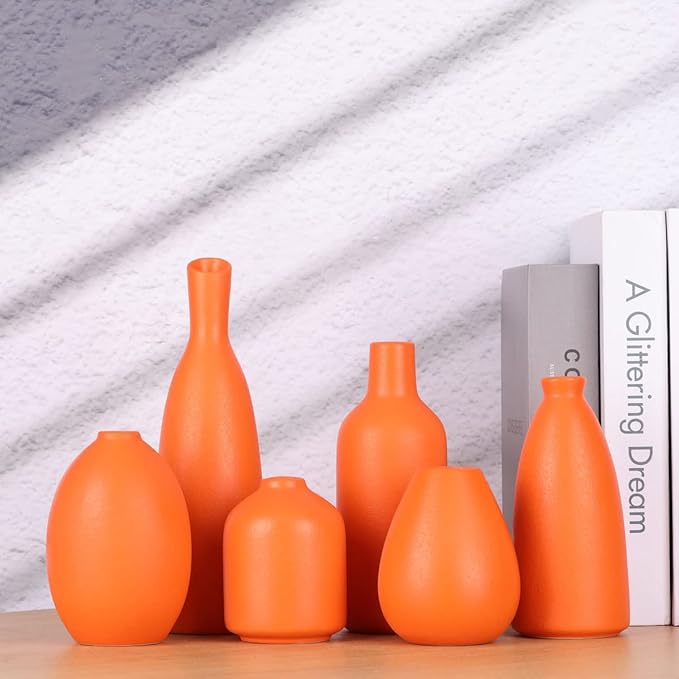 Orange Ceramic Bud Vases Set of 6, Farmhouse Decor, Fireplace Decor, Mantle & Shelf Decor, Home Decoration for Living Room, Entrance, Bathroom, Kitchen & Office, Coffee Table Decor, Bud vases in Bulk