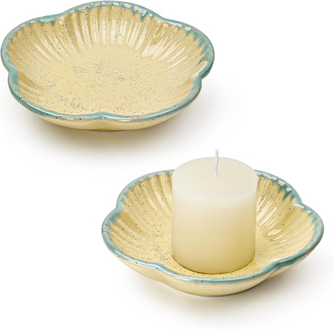 Koythin Ceramic Candlestick Holder for Pillar Candles, Floral Shape Candle Stand & Dish Bowl for Candlesticks, Incense, Decorative Ceramic Plate Tray for Table Centerpiece and Home Decor (Yellow)