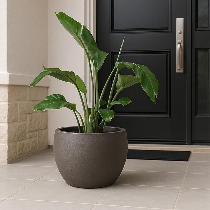 Ilyapa 14 Inch Tall Modern Concrete Planter - 14x10 Inch Outdoor/Indoor Plant Pots with Drainage - Cement Vase Planters for Plants, or Tree