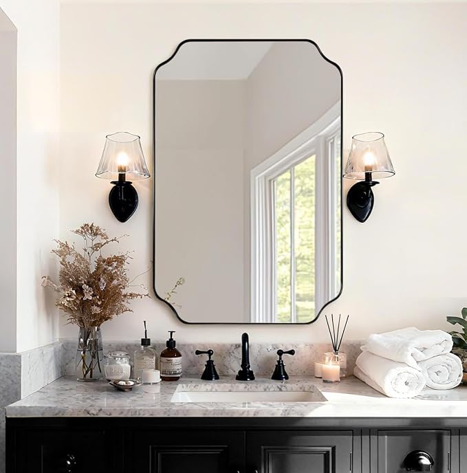 ANDY STAR 20"x30" Matte Black Mirror, Bathroom Vanity Mirror, Modern Scalloped Mirror in Premium Stainless Steel Thin Frame, Unique Rounded Notched Corners, Compact Size for Small Bathroom Remodel
