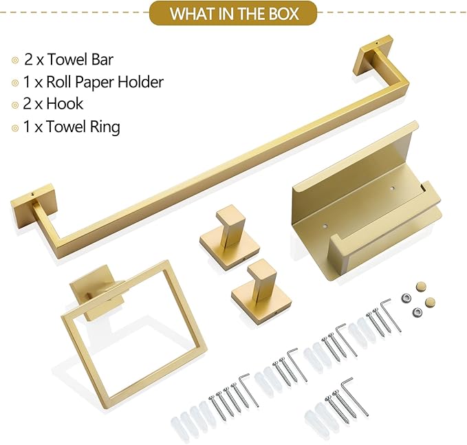 6-Piece Bathroom Hardware Set 23.6 Inch Gold Towel Bar Set Double Towel Bar Towel Ring Coat Hook and Toilet Paper Holder with Shelf Wall Mounted Stainless Steel Bathroom Accessories Set