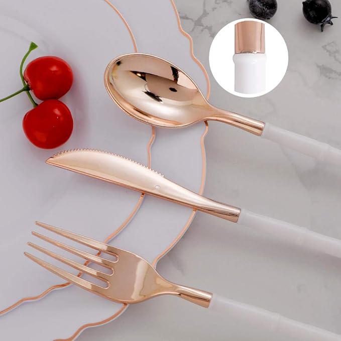 WDF 90Pieces Rose Gold Plastic Silverware - Rose Gold Plastic Cutlery with White Handle- Heavy Duty Disposable Silverware Include 30Forks, 30 Spoons, 30 Knives for Wedding, Party