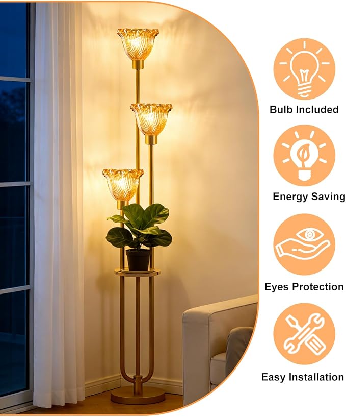 Lightdot Glass Floor Lamp for Living Room Gold with Amber Glass Shade & 3000K Bulbs Included 3-Lights Modern Tall Standing Lamp with 5Lbs Heavy Base for Bedroom/Sofa Beside/Corner Decor/Party