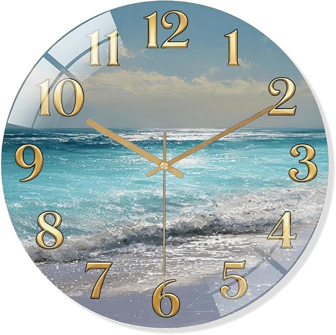 16 Inch Ocean Beach Glass Wall Clock Silent Coastal Art Decor | Silent glossy wall clock featuring a stunning ocean beach scene, perfect for adding a coastal vibe to living room or bedroom