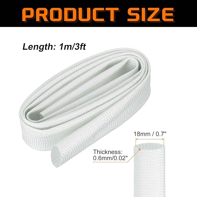 MECCANIXITY 3ft Braided Cable Sleeve, 0.7" ID 200C High Temperature 1500V Fiberglass Wire Insulation Cord Protector Organizer Wires Management for Motor Engine Fuel Line, White