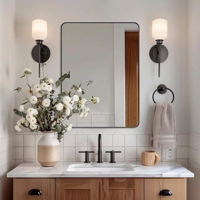 ANDY STAR Wall Mirror for Bathroom, 24x36 Inch Black Bathroom Mirror, Stainless Steel Metal Frame with Rounded Corner, Rectangle Glass Panel Wall Mounted Mirror Decorative for Bathroom