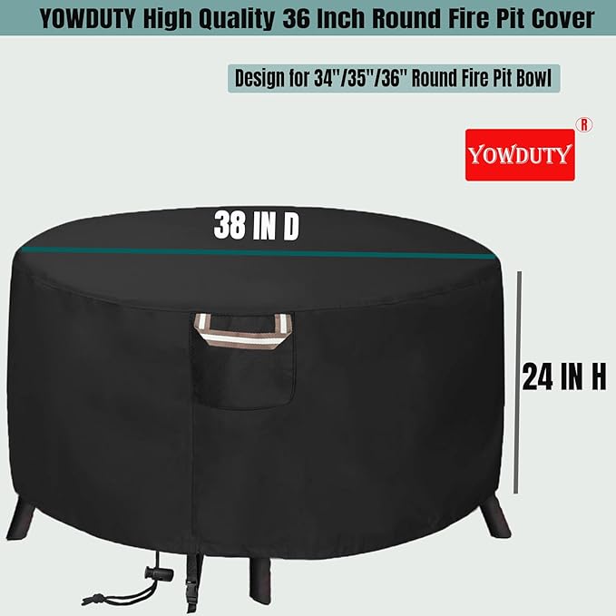 YOWDUTY Round Propane Gas Fire Pit Cover 36 x 24 Inch, Waterproof Heavy Duty 600D Round Outdoor Fireplace Cover 36 inch, All-weather Protection For Patio Firepit / Fire Bowl 34/35/36 inch