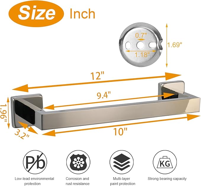 TocTen Bath Towel Rack - Square Base Thicken SUS304 Stainless Steel Towel Bar for Bathroom, Bathroom Accessories Towel Rod Heavy Duty Wall Mounted Towel Holder. (Chrome, 12)