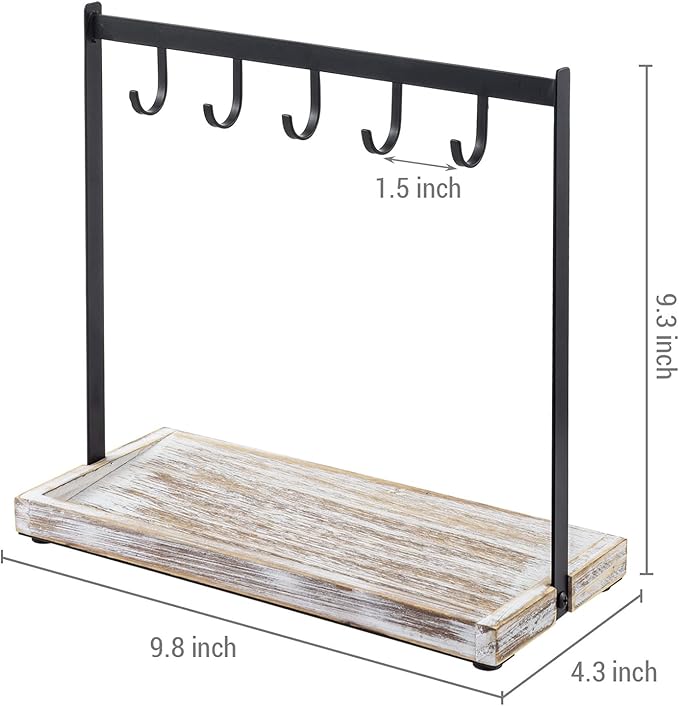 MyGift Black Metal Entryway Key Holder with 5 Hooks and Shabby Whitewashed Wood Base, Tabletop Necklace and Jewelry Organizer Rack with Ring Tray