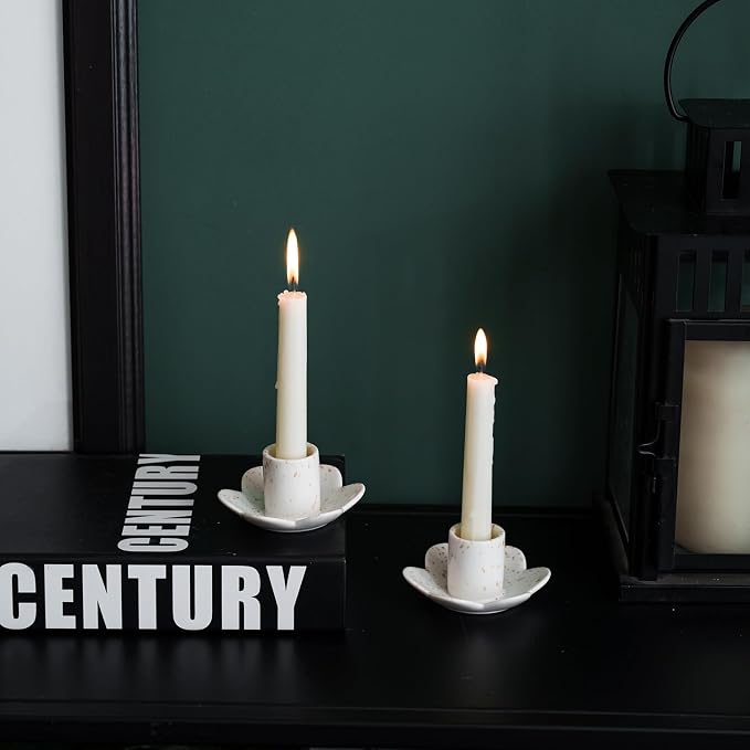 Ceramic Taper Candle Holders for Table Centerpiece, Decorative Candlestick Holders for Home Wedding Party, Housewarming Gifts, Pack of 2, Flower Shape, White
