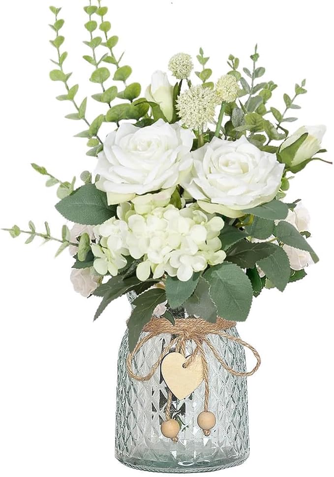Artificial Fake Flowers in Vase, Faux Silk Roses Floral Hydrangea Bouquet with Vase, Table Centerpiece Decorations Wedding Bouquets for Party Office Farmhouse Kitchen Home Decor, White